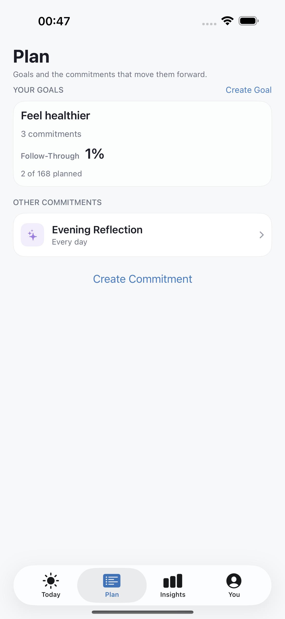 DOVENA Plan screen showing a goal with linked commitments.
