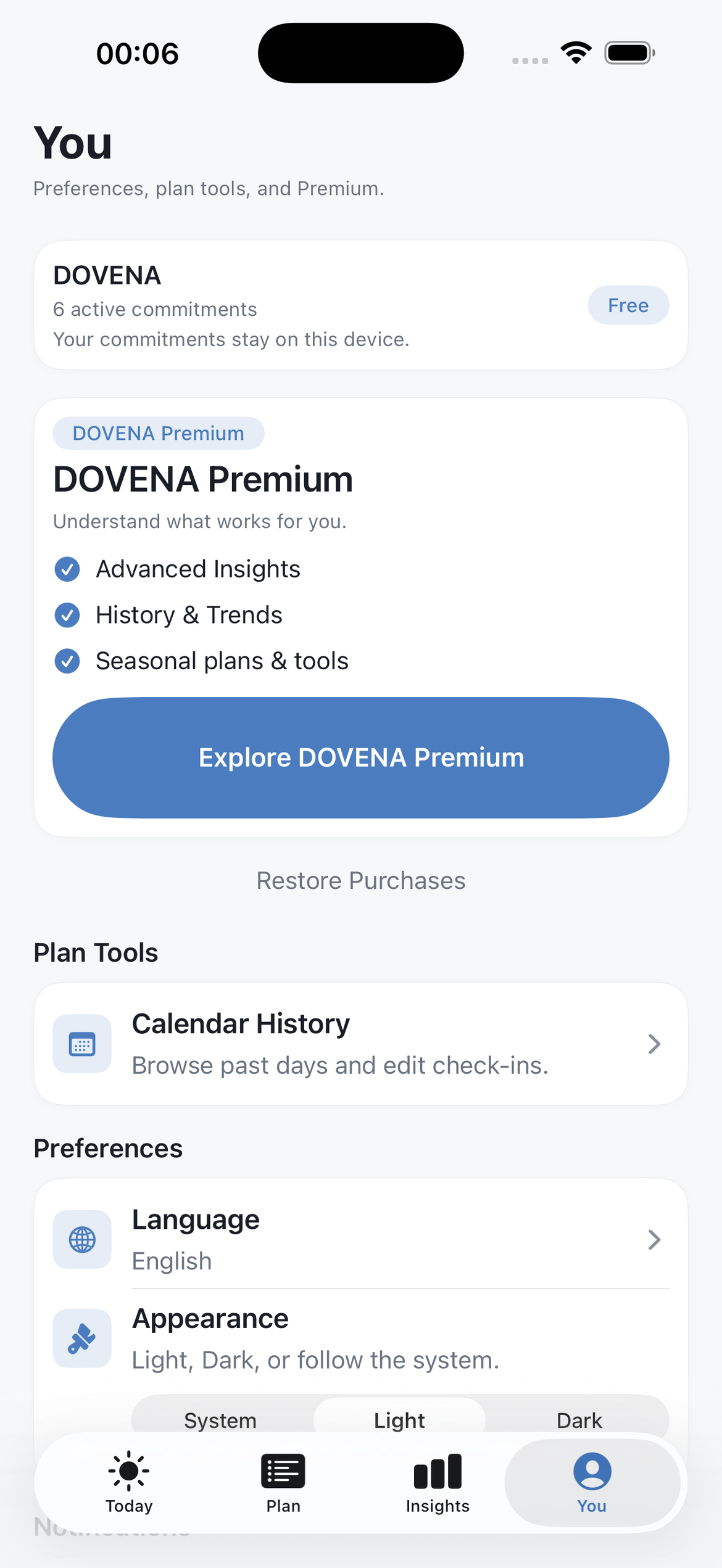 DOVENA You screen showing Premium benefits and on-device privacy.